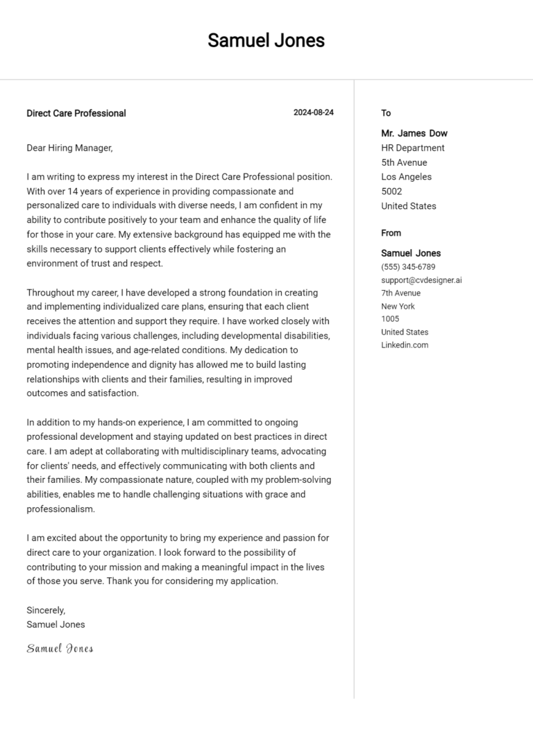 Direct Care Professional Cover Letter Samples & Examples 2025