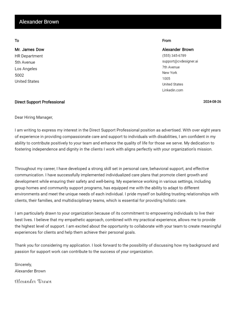 Direct Support Professional Cover Letter Example for 2025 (Complete Writing Guide)