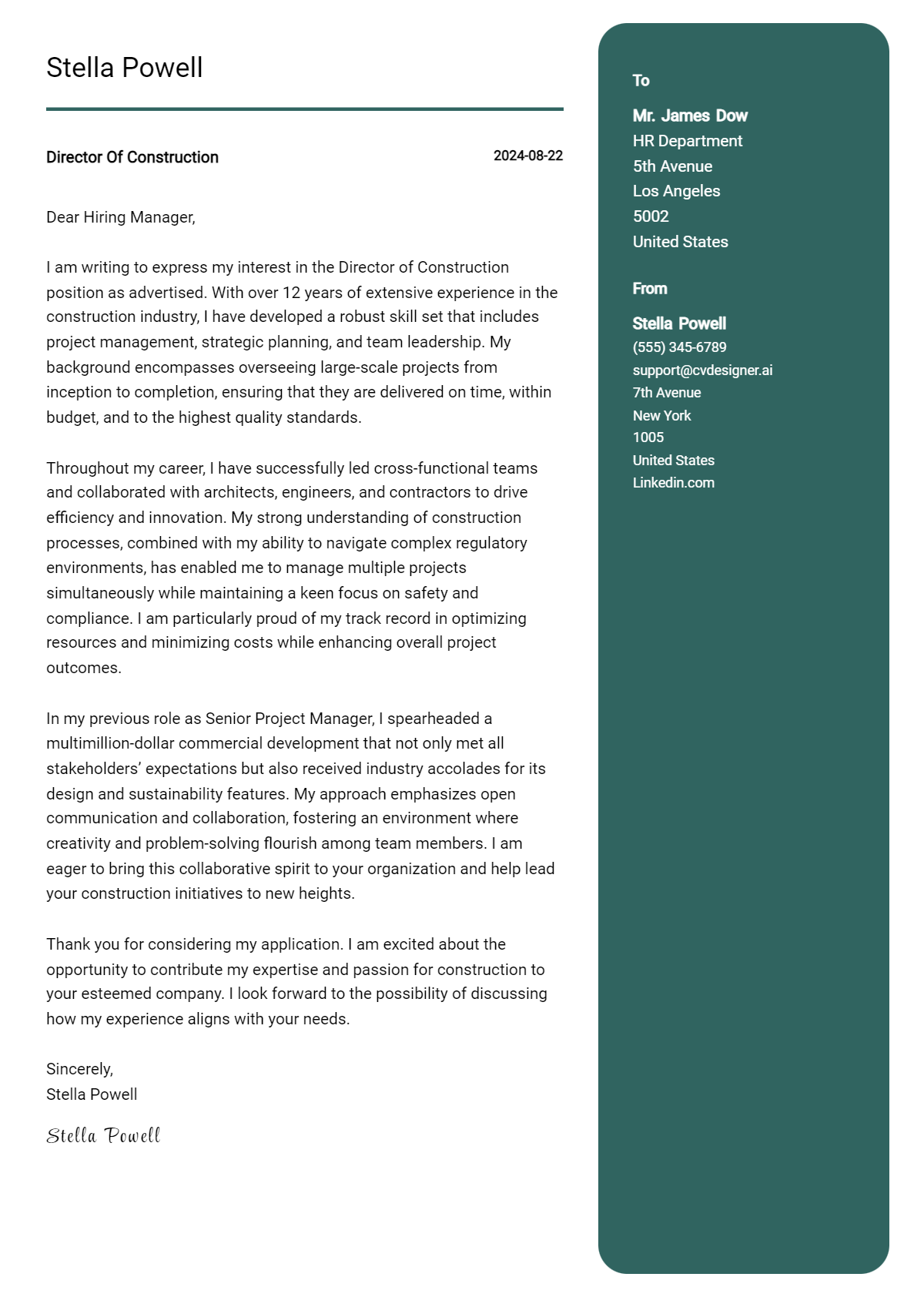 director of construction cover letter example