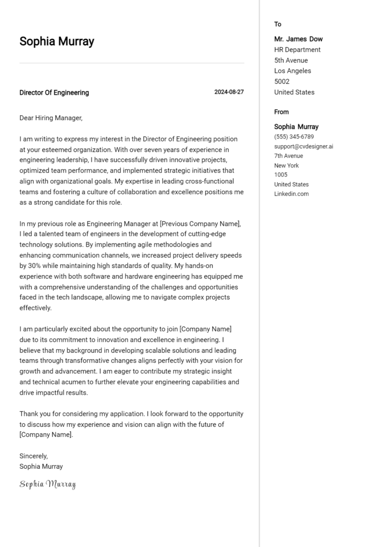 Director Of Engineering Cover Letter Example for 2025 (Download Templates) 1 Director Of Engineering Cover Letter Example for 2025 (Download Templates)