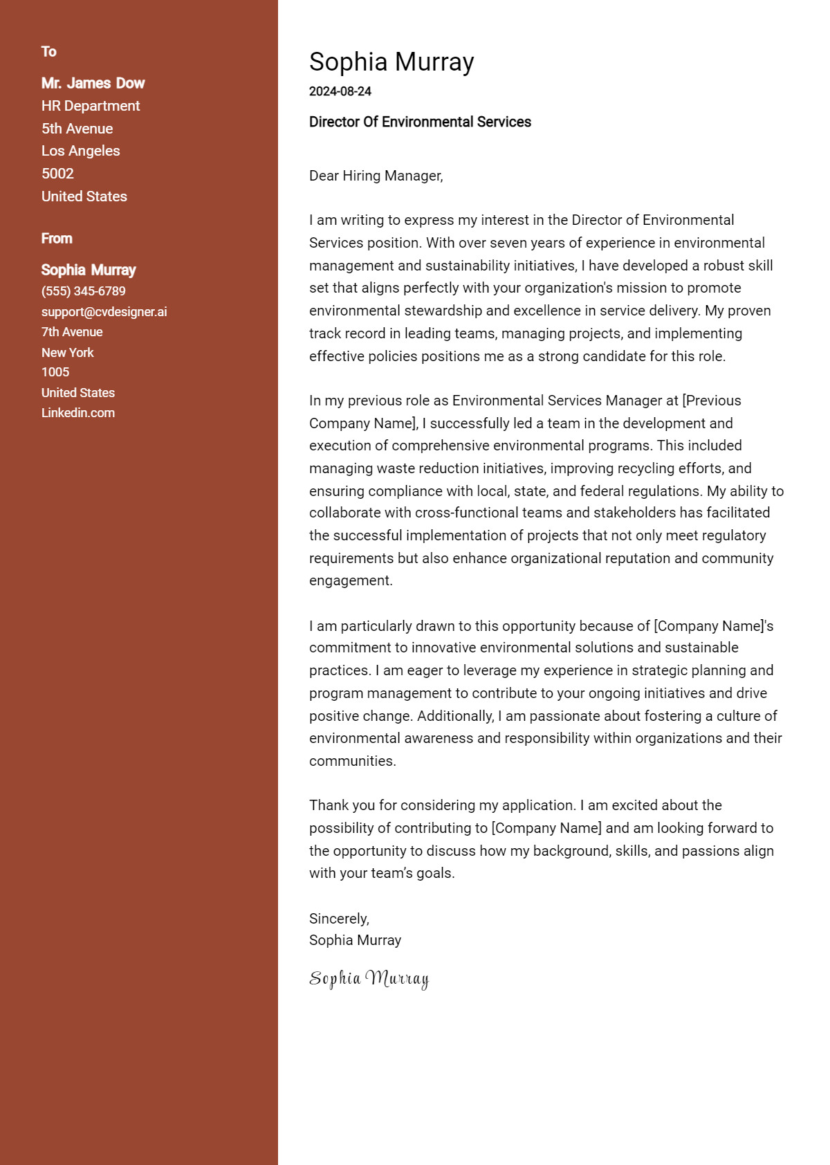 director of environmental services cover letter example