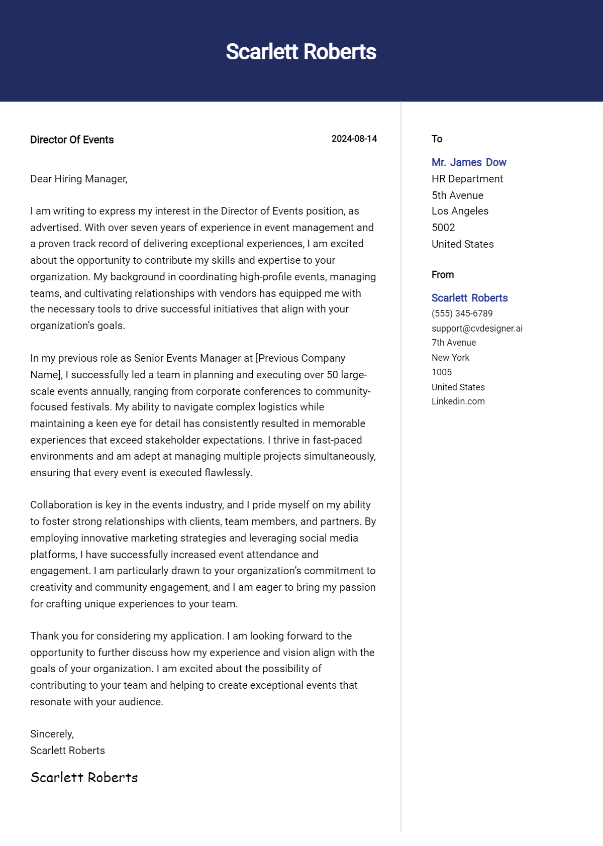 director of events cover letter example