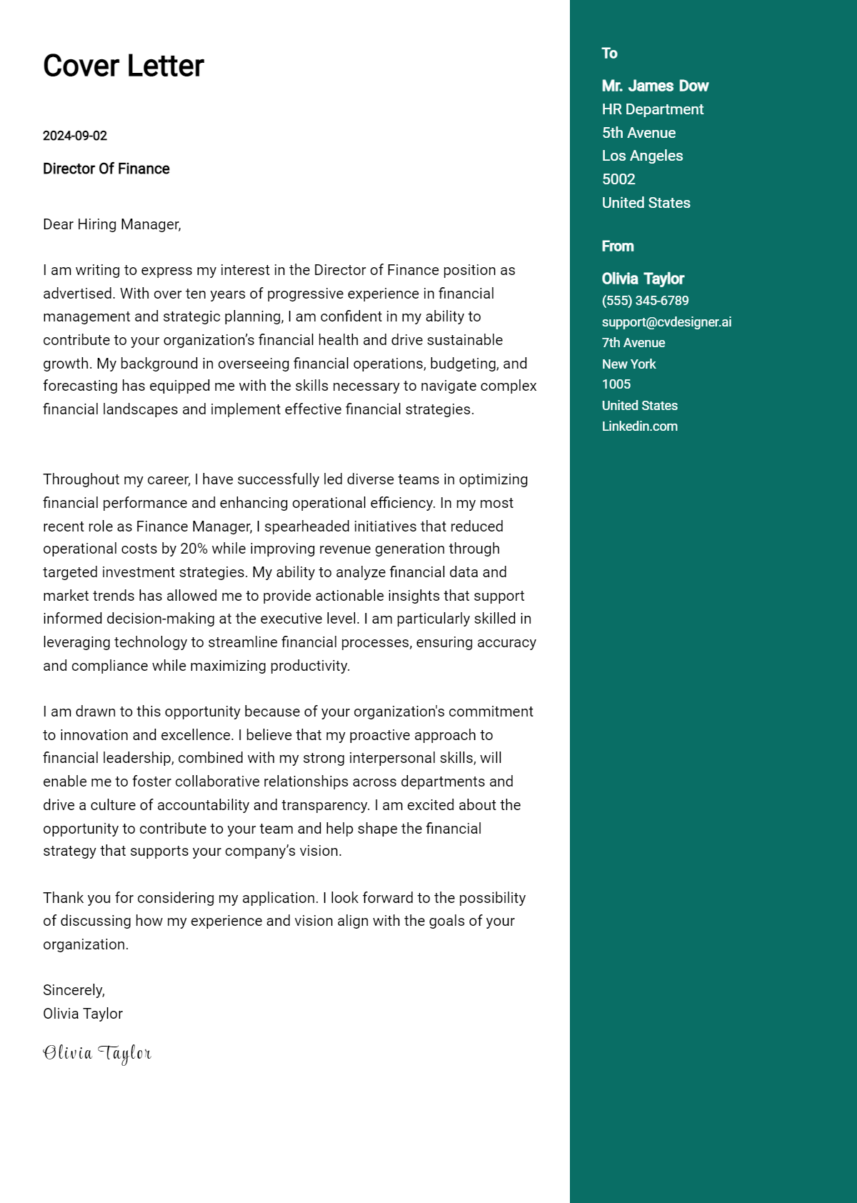 director of finance cover letter example