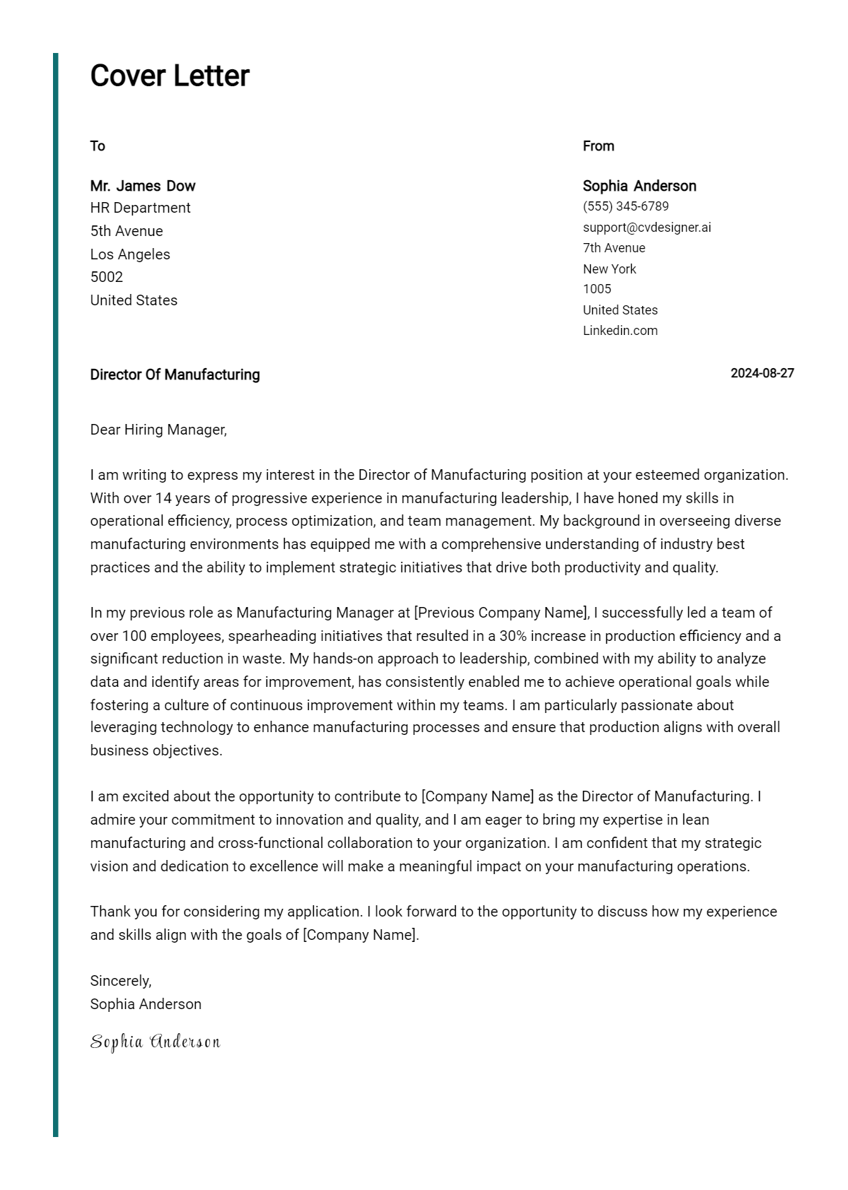 director of manufacturing cover letter example
