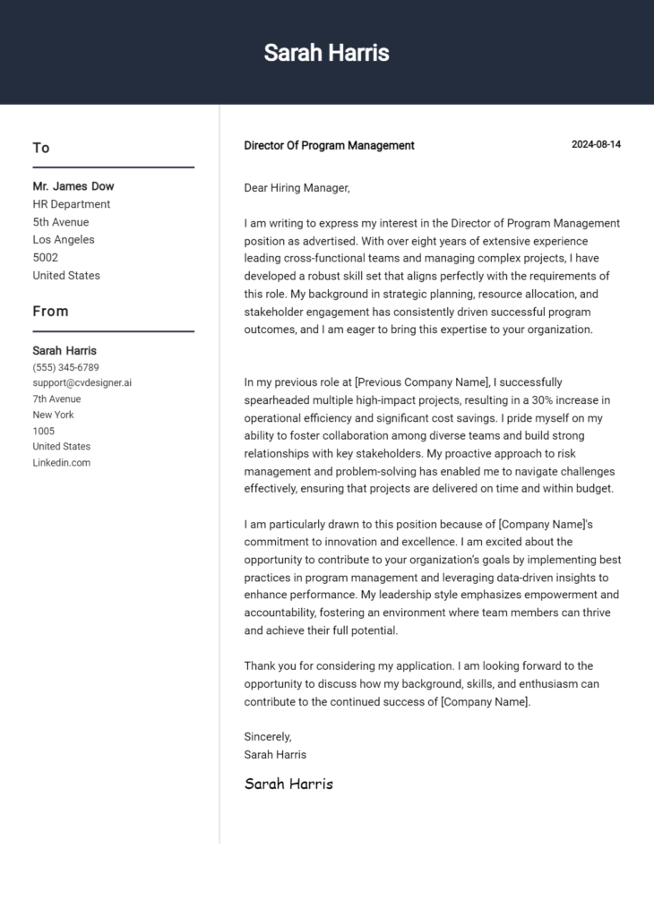 director of program management cover letter example