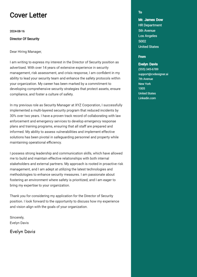 Director Of Security Cover Letter Example for 2025 (Download Templates)