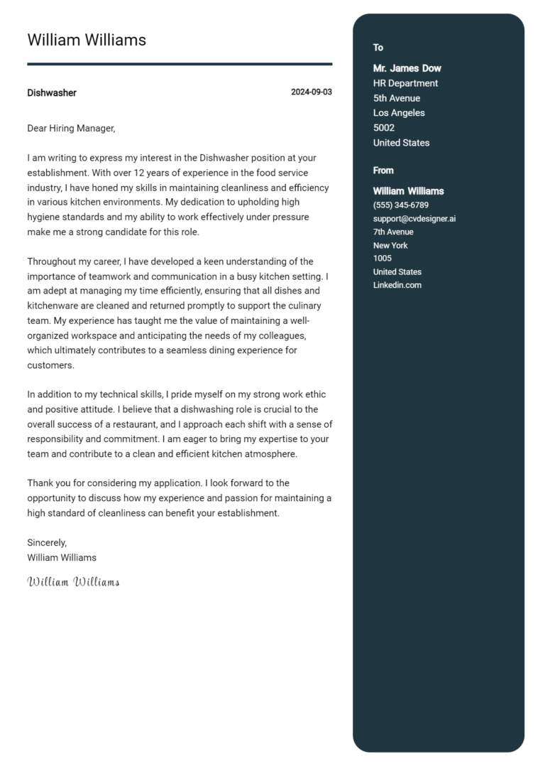 Dishwasher Cover Letter Example for 2025: Tips & Templates