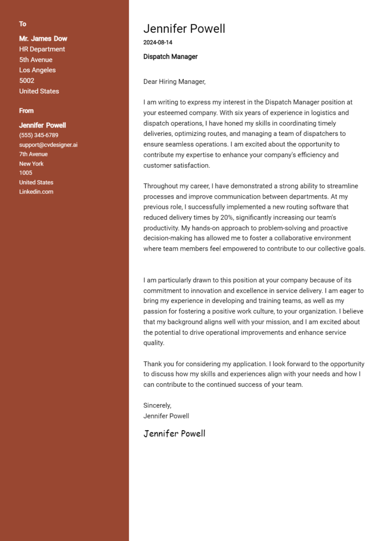Dispatch Manager Cover Letter Samples & Examples 2025