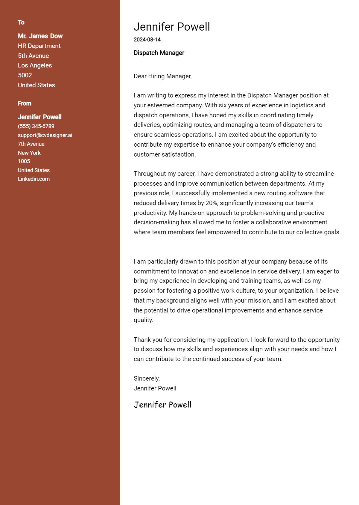 dispatch manager cover letter example