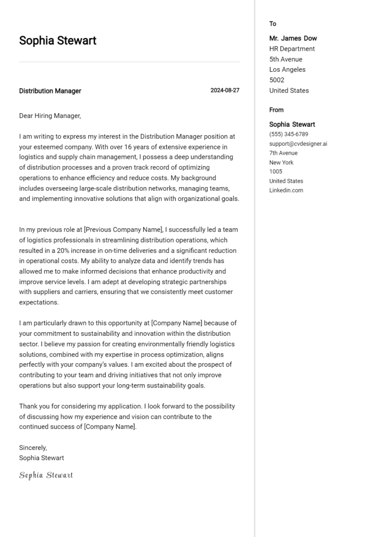 Distribution manager Cover Letter Example for 2025: Tips & Templates