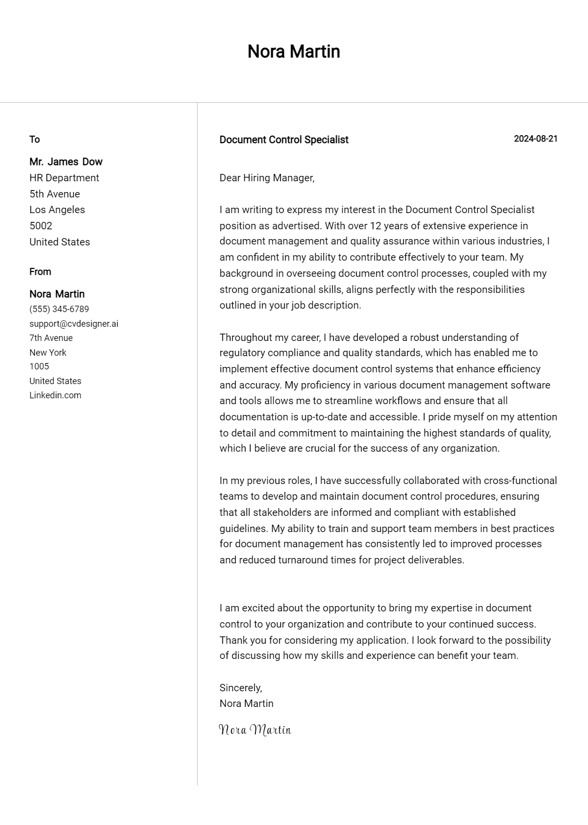 document control specialist cover letter example