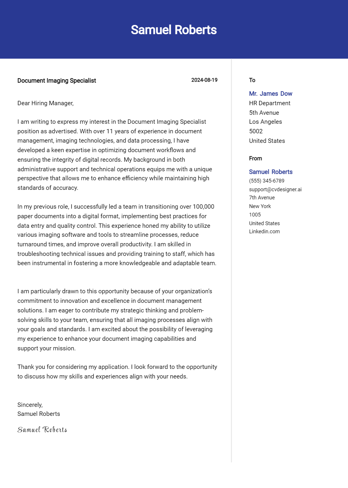 document imaging specialist cover letter example