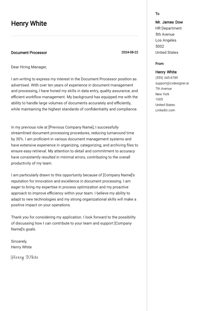 Document Processor Cover Letter Examples & Samples for 2025 1 Document Processor Cover Letter Examples & Samples for 2025