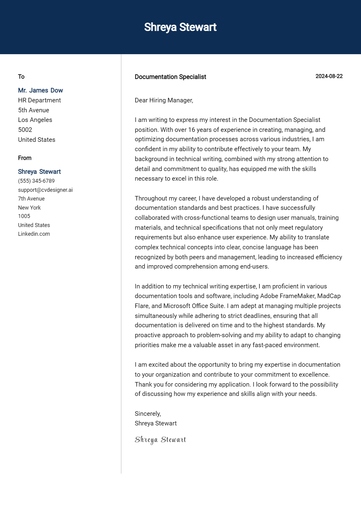 documentation specialist cover letter example