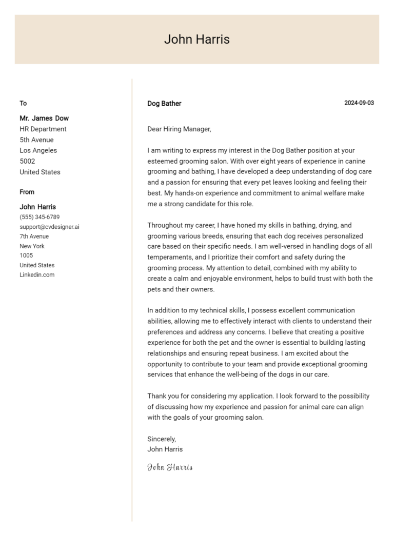 Dog Bather Cover Letter Examples & Samples for 2025