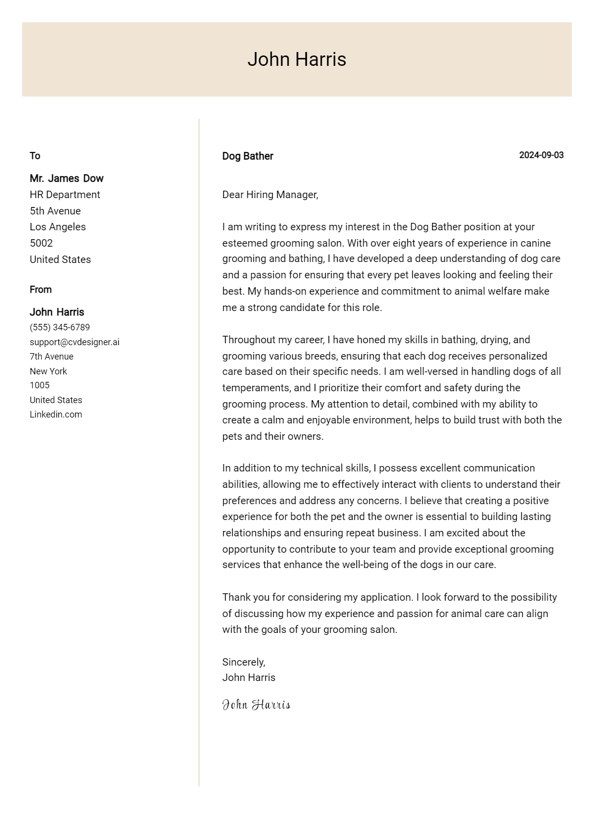 dog bather cover letter example