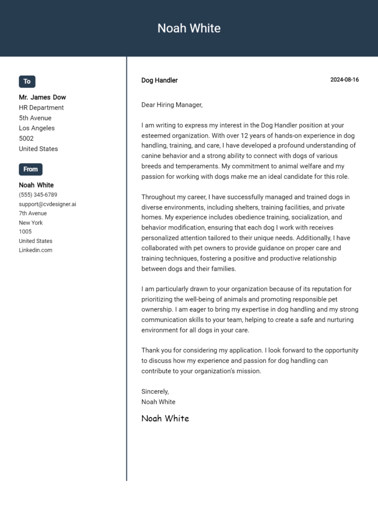 Dog Handler Cover Letter Example for 2025: Ultimate Guide