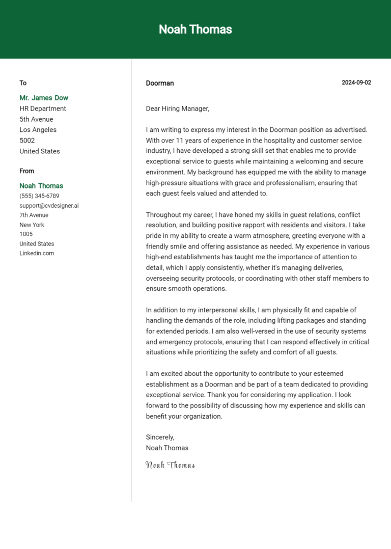 Doorman Cover Letter Examples & Samples for 2025