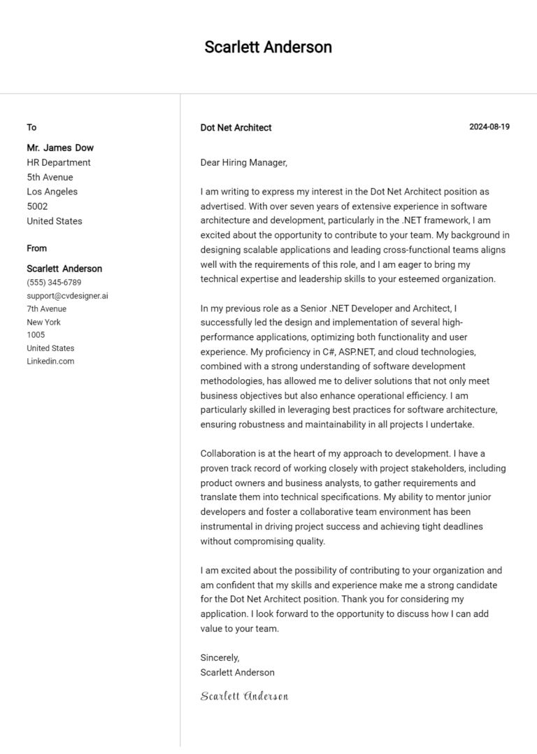 Dot Net Architect Cover Letter Example for 2025 (Download Templates)