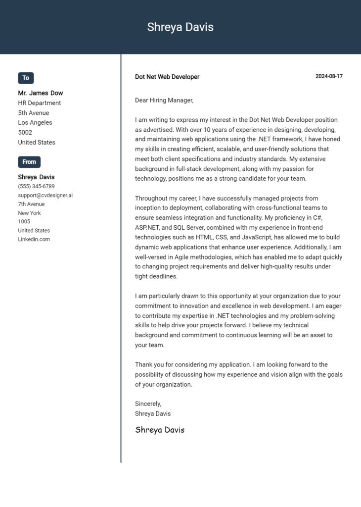 dot net web developer cover letter example