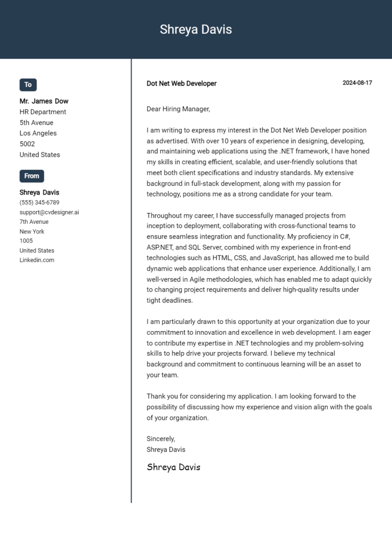 Dot Net Web Developer Cover Letter Examples and Templates for 2025