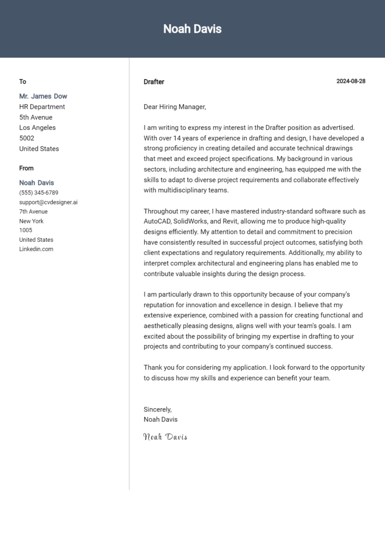 Drafter Cover Letter Example for 2025: Free Templates