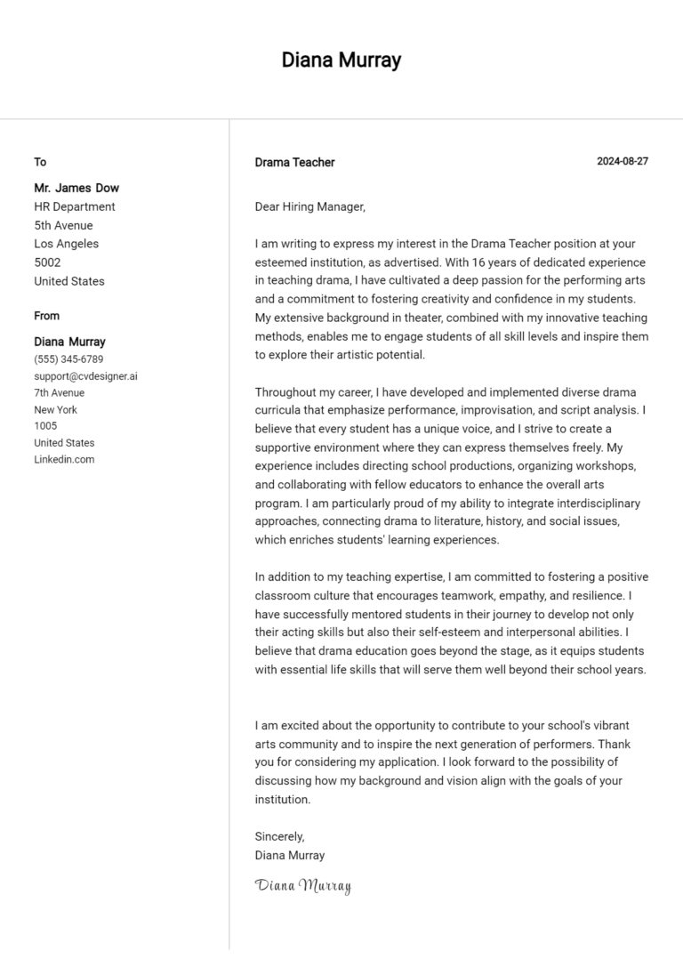 Drama Teacher Cover Letter Example for 2025: Free Templates 1 Drama Teacher Cover Letter Example for 2025: Free Templates