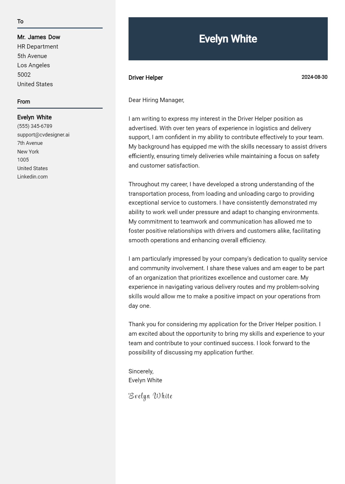 driver helper cover letter example
