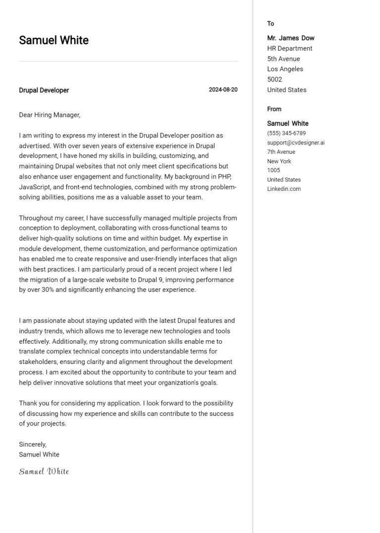 Drupal Developer Cover Letter Example for 2025: Expert Tips & Templates