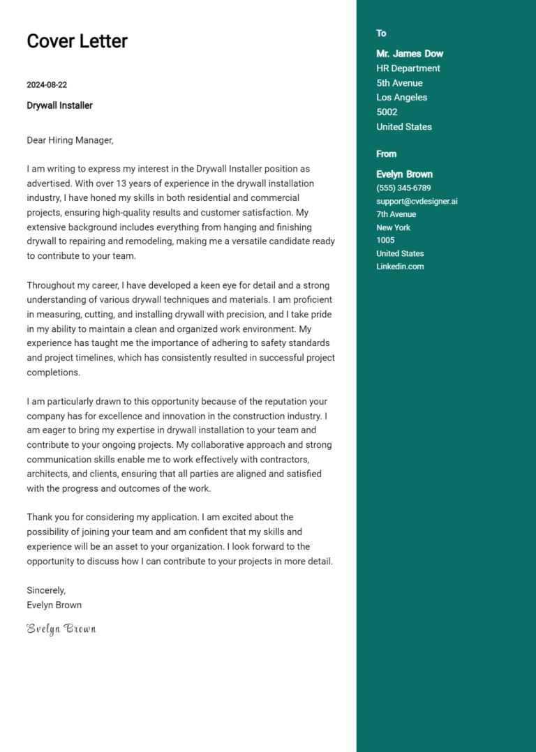 Drywall Installer Cover Letter Example for 2025: Top CV Skills