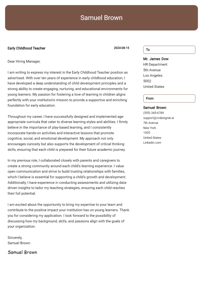 Early Childhood Teacher Cover Letter Examples for 2025 (Downloadable)