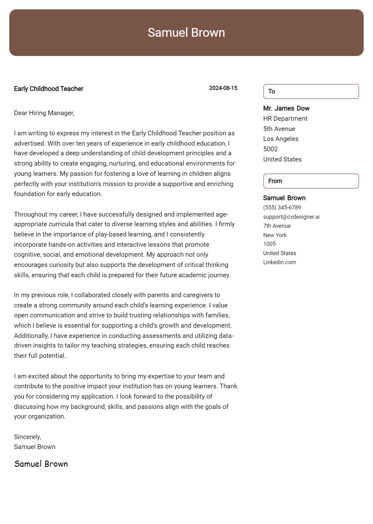 early childhood teacher cover letter example