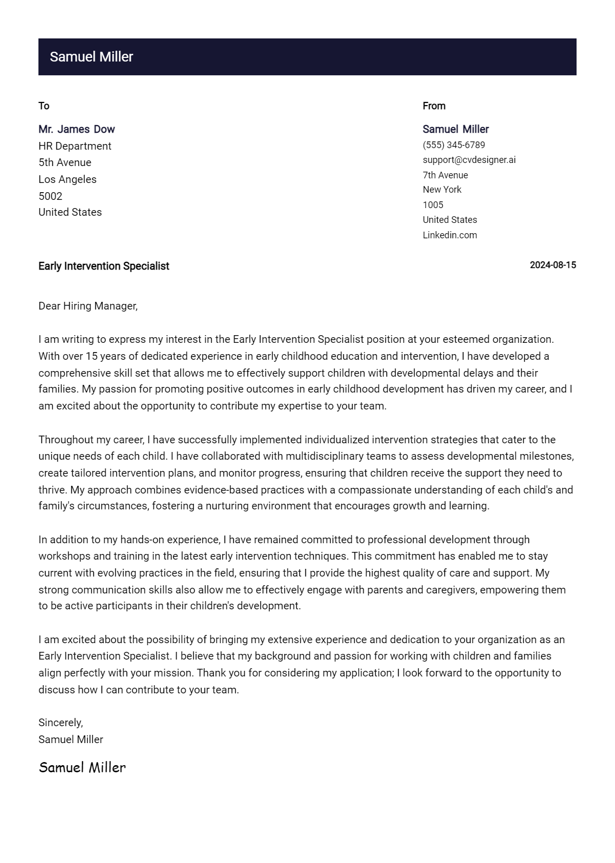 early intervention specialist cover letter example