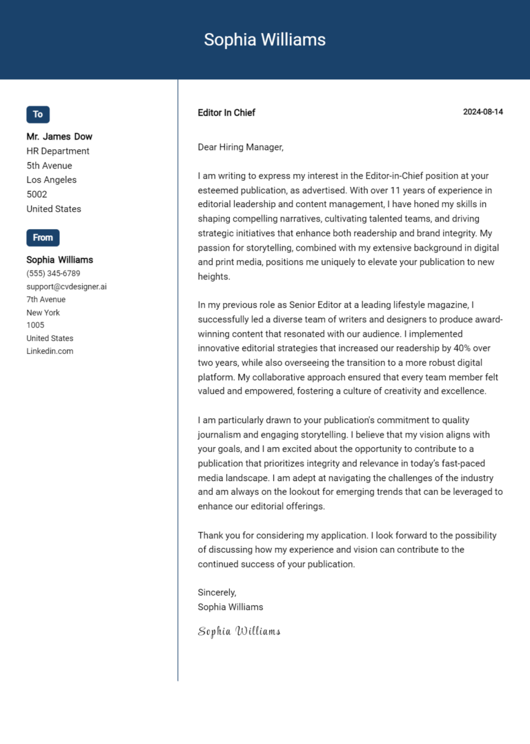Editor In Chief Cover Letter Examples and Templates for 2025