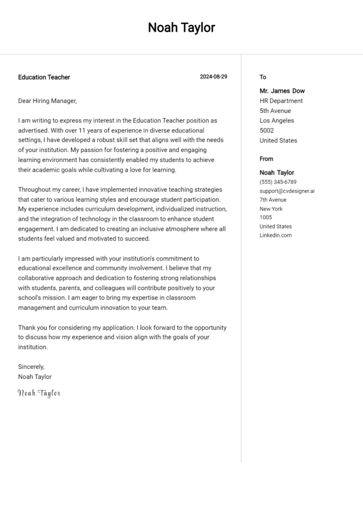 education teacher cover letter example