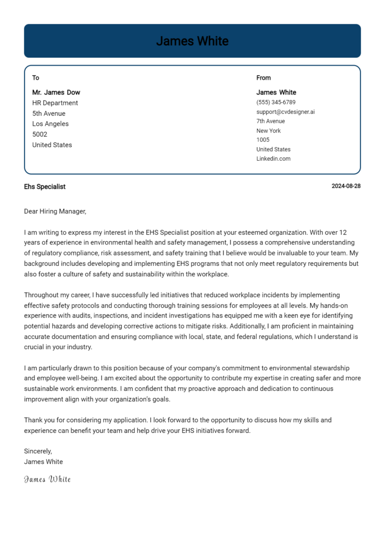 Ehs Specialist Cover Letter Examples and Templates for 2025