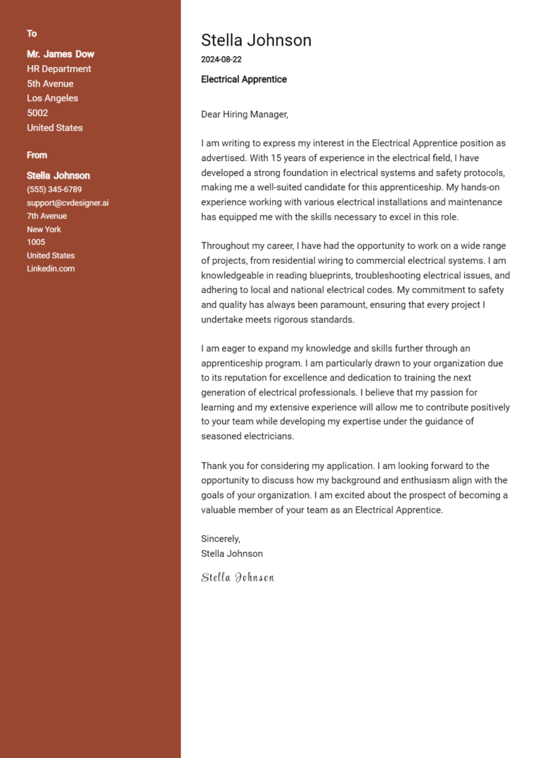 Electrical Apprentice Cover Letter Example for 2025 (Writing Guide)