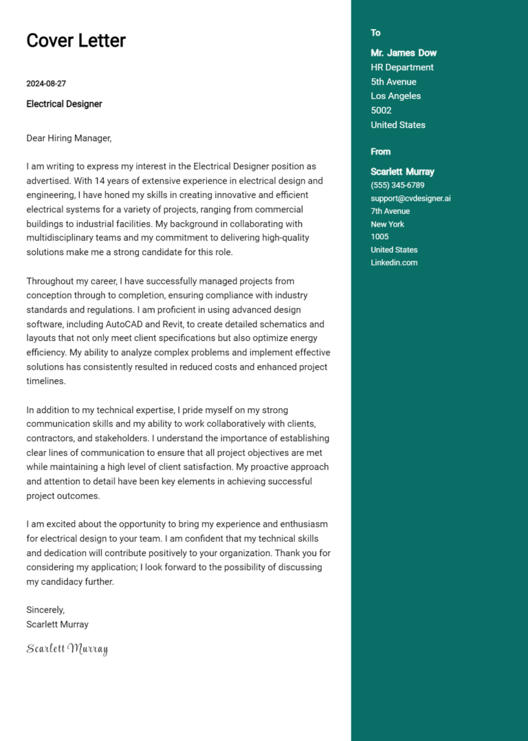15 Electrical Designer Cover Letter Examples for 2025: Top CV Skills