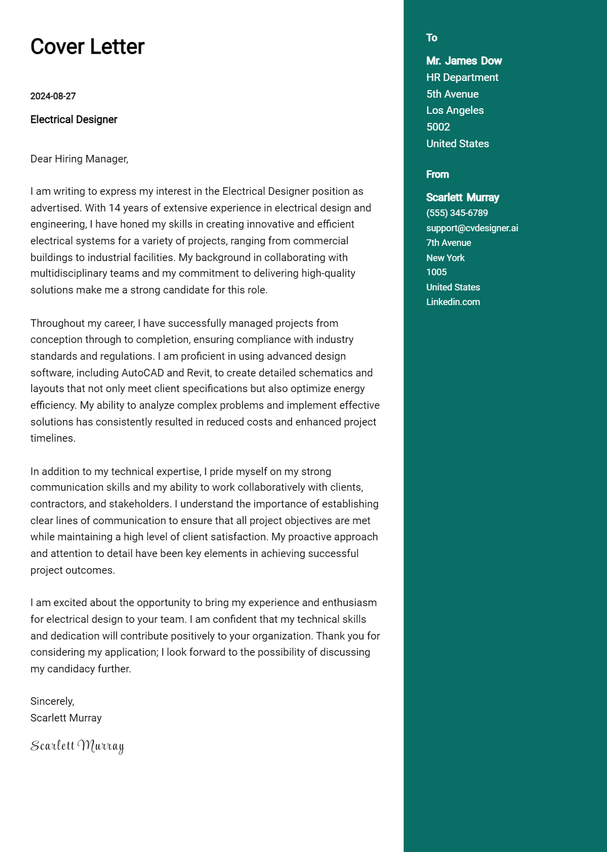 electrical designer cover letter example