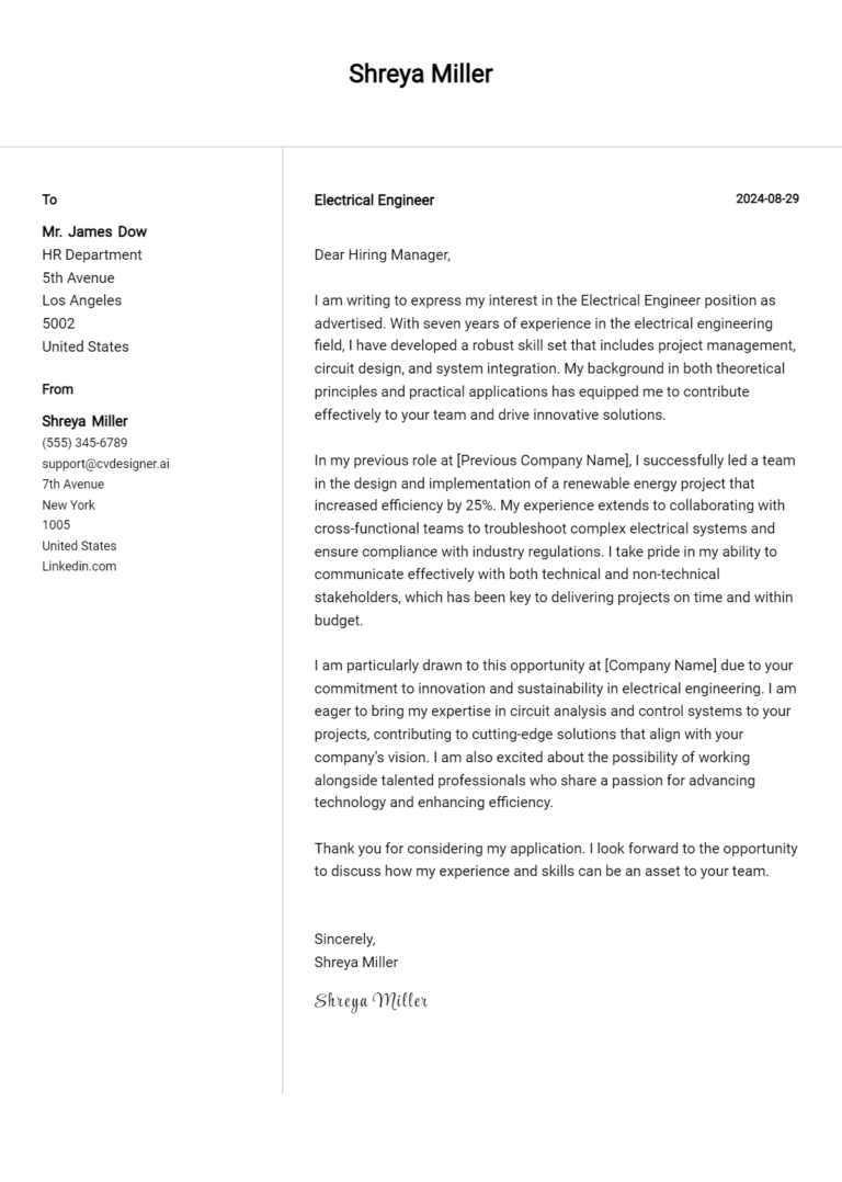 Electrical Engineer Cover Letter Example for 2025: Tips & Templates