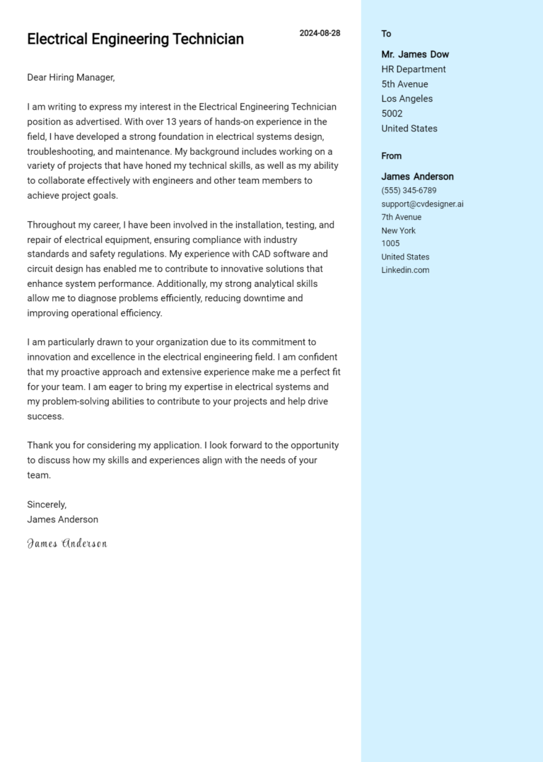 12 Electrical Engineering Technician Cover Letter Examples for 2025: Top CV Skills