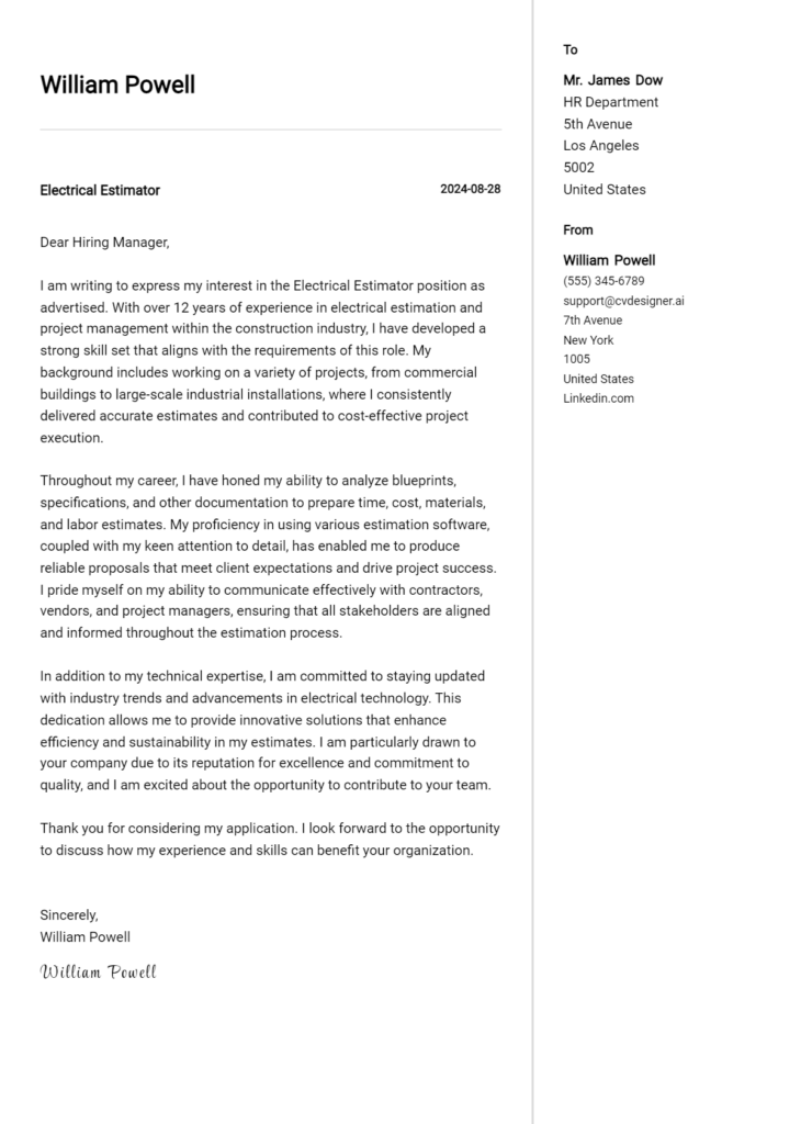 electrical estimator cover letter example