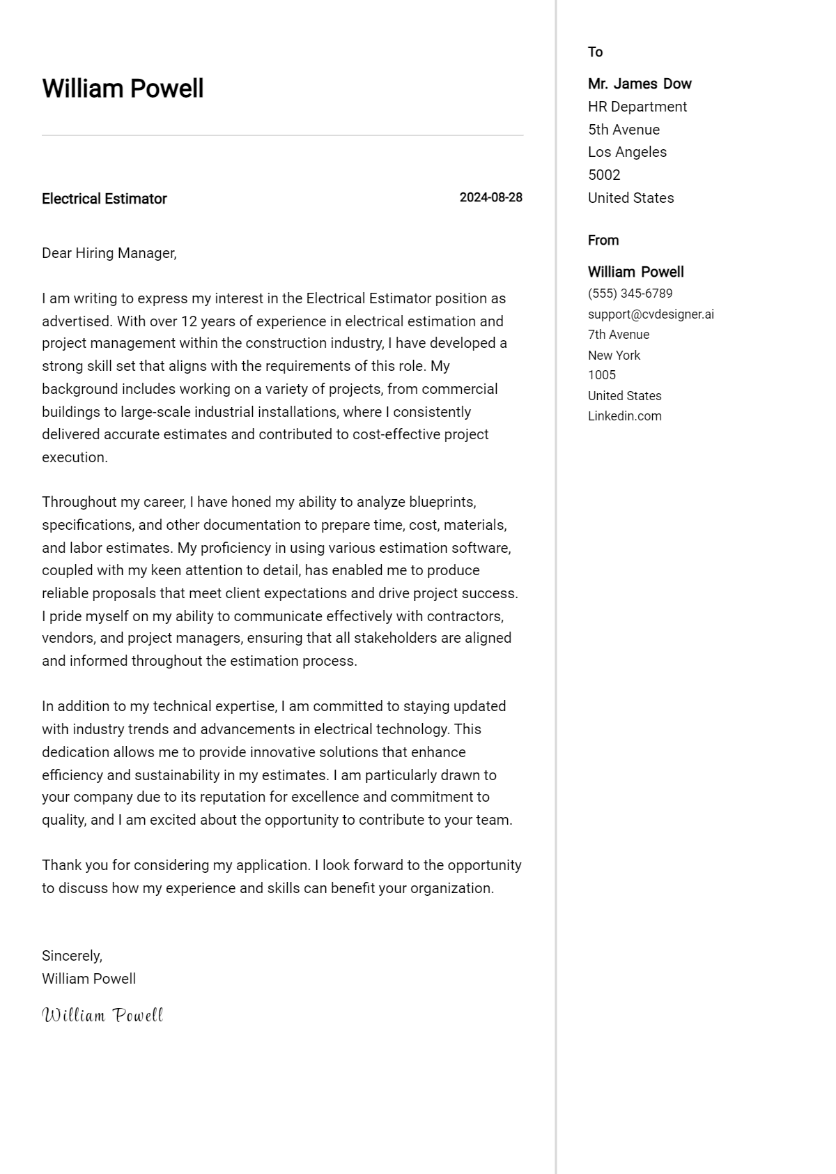 electrical estimator cover letter example