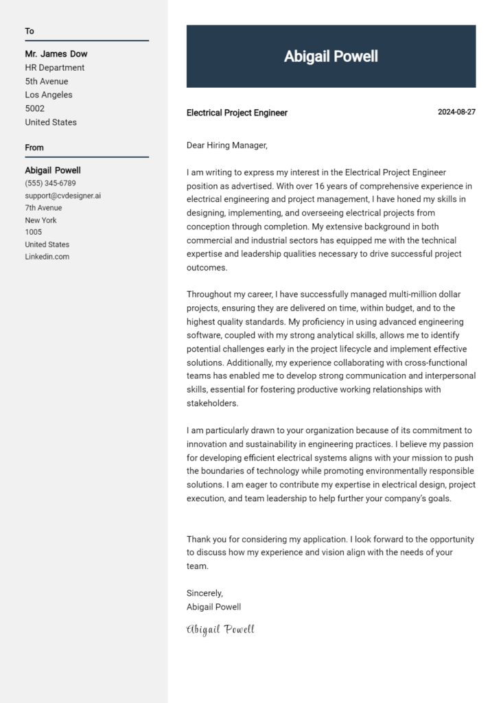 electrical project engineer cover letter example