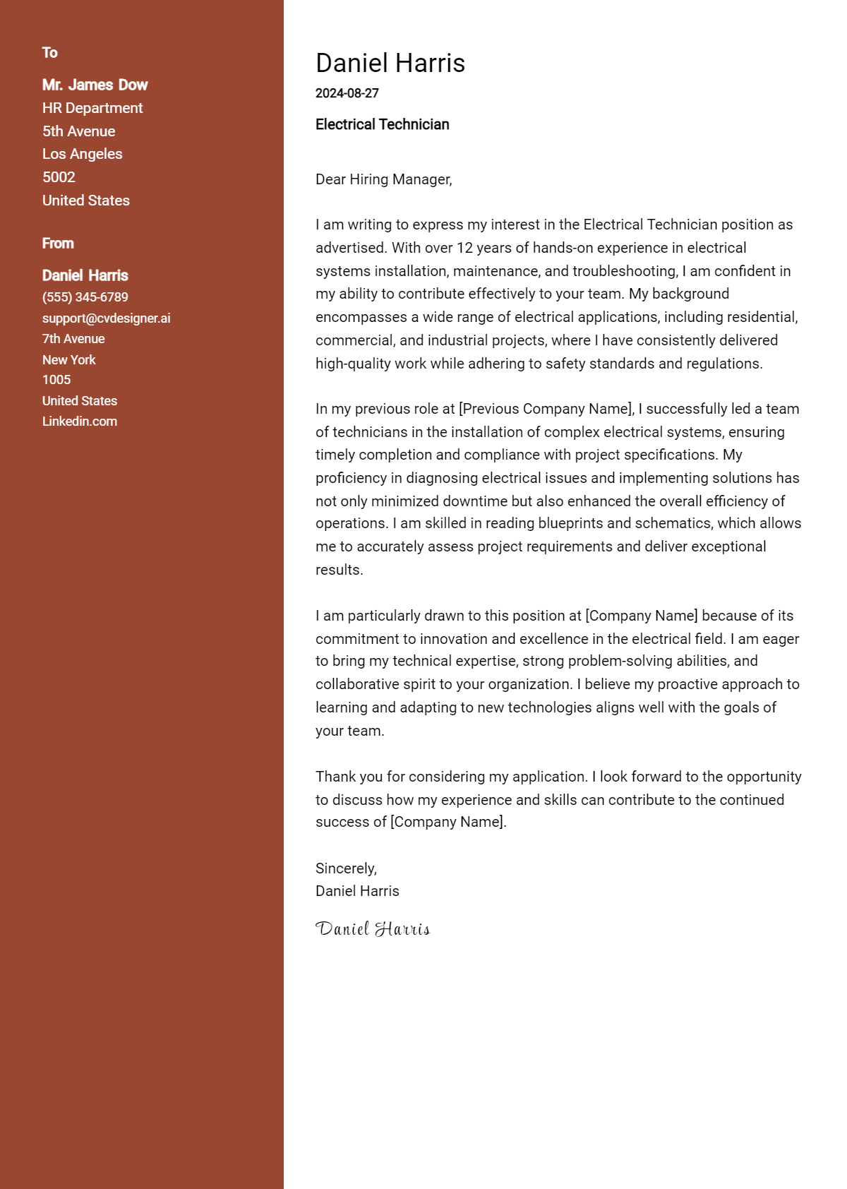 electrical technician cover letter example