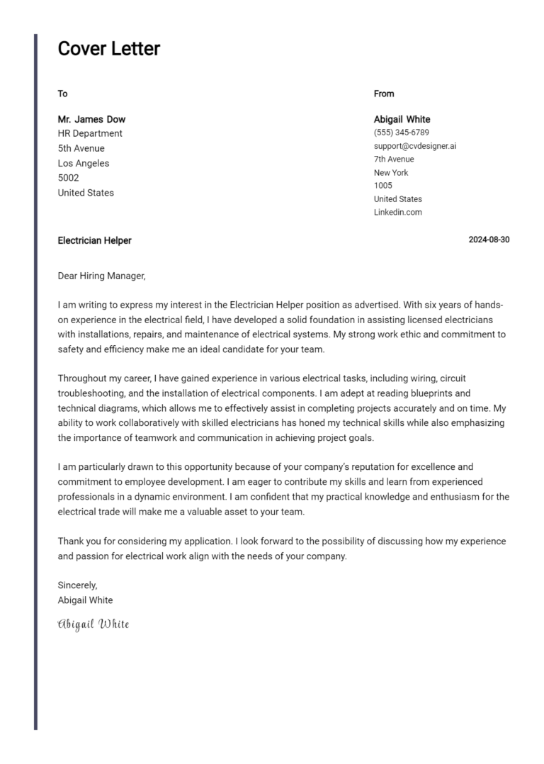 7 Electrician Helper Cover Letter Examples for 2025 (Complete Writing Guide)