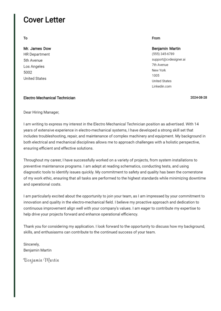 Electro Mechanical Technician Cover Letter Example for 2025: Ultimate Guide