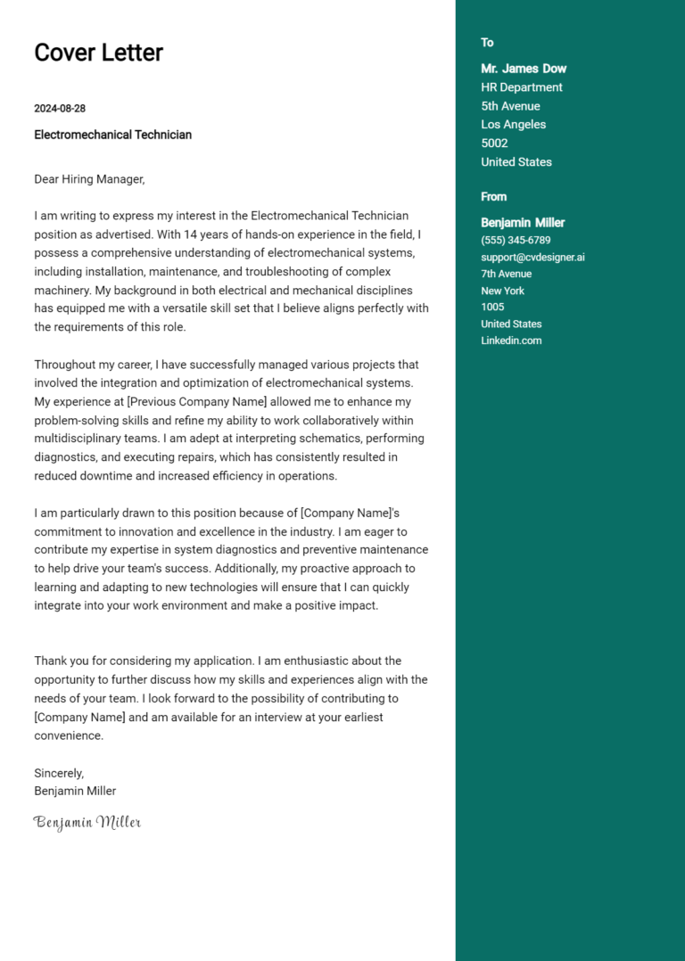 Electromechanical Technician Cover Letter Example for 2025 (Download Templates) 1 Electromechanical Technician Cover Letter Example for 2025 (Download Templates)