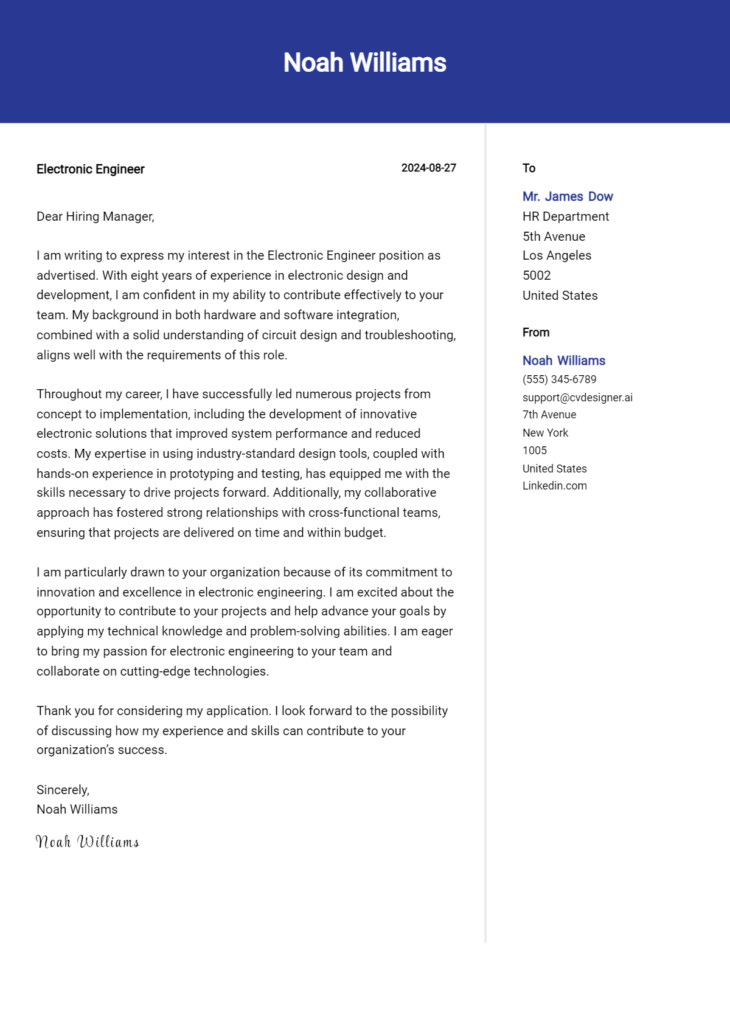 electronic engineer cover letter example