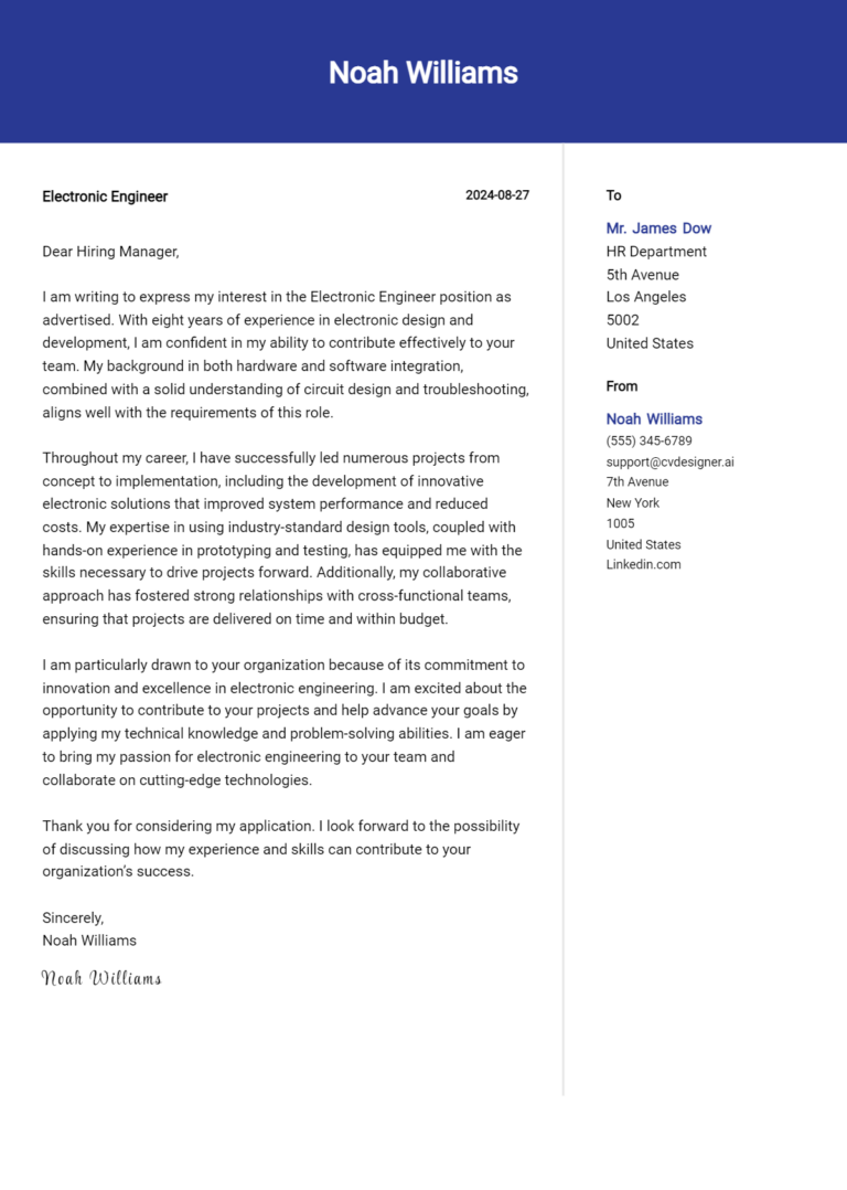 Electronic Engineer Cover Letter Samples & Examples 2025